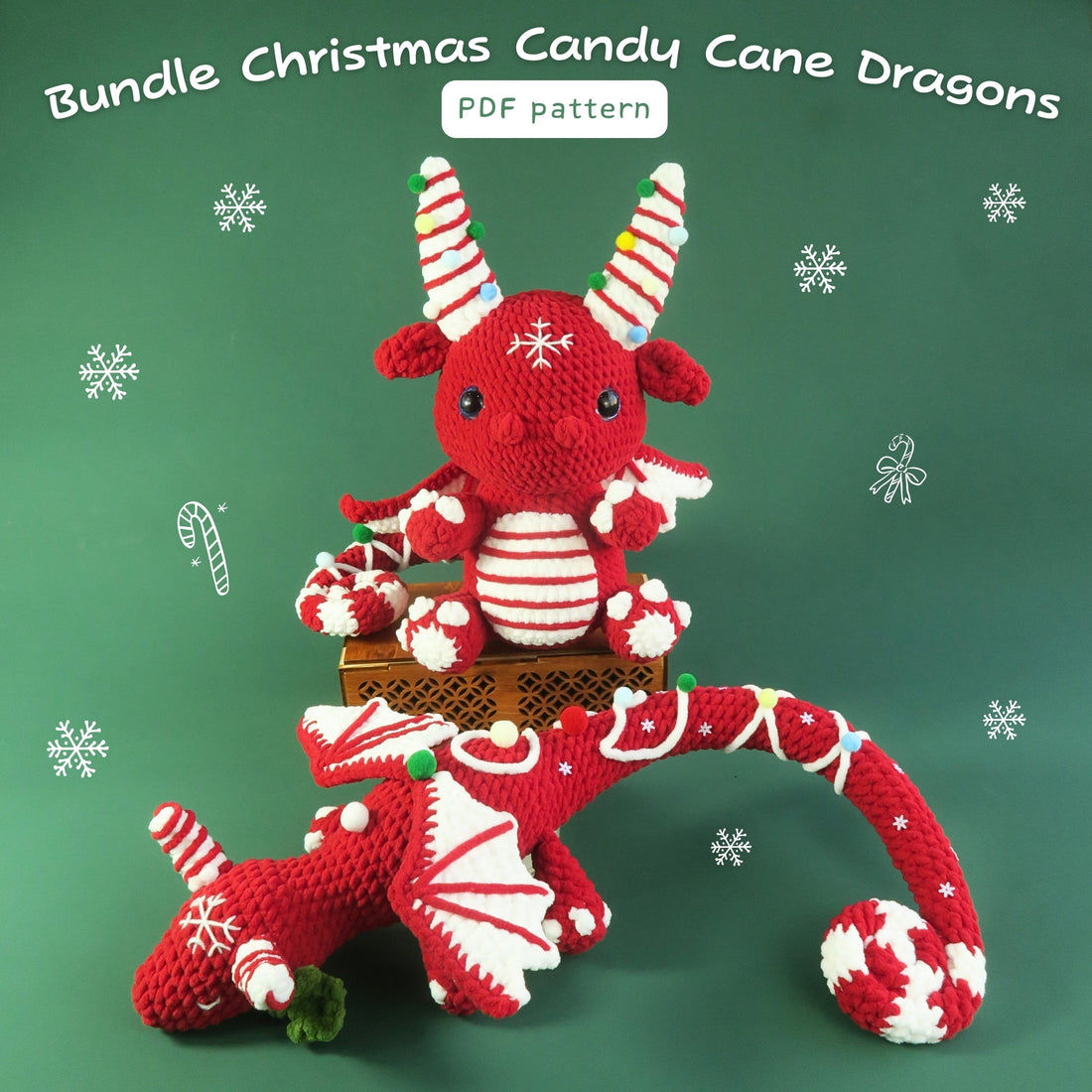 4in1 Candy Cane Christmas Dragon & Dinosaur Crochet Pattern